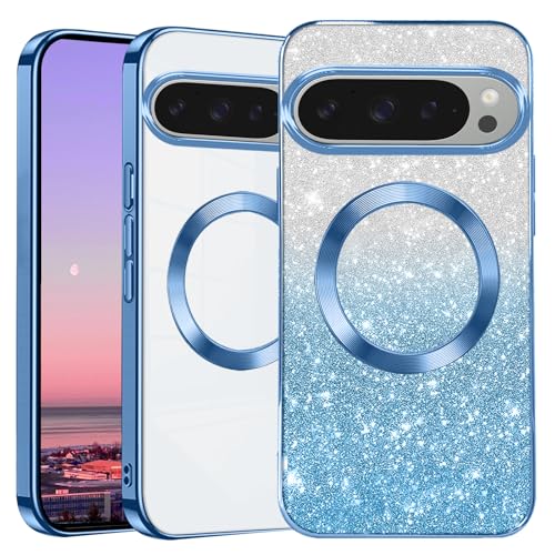 Coque Pixel 9 Pro silicone magnétique bleu pailleté avec protection objectif photo