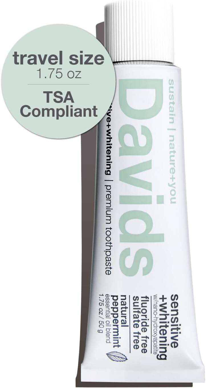 Davids Hydroxi Fluoride Free Nano Hydroxyapatite Toothpaste for Remineralizing, Sensitive Support, Whitening, Antiplaque, SLS Free, Natural Peppermint, Made in USA, 1.75oz (Travel Size)