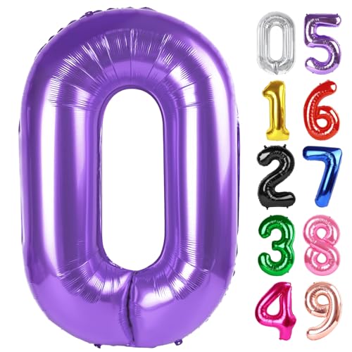 Image of Purple Number 0 Balloon 40 Inch, 0 Balloon Number for 10th 20th 30th 40th 50th 60th Birthday Decorations, Purple Party Supplies