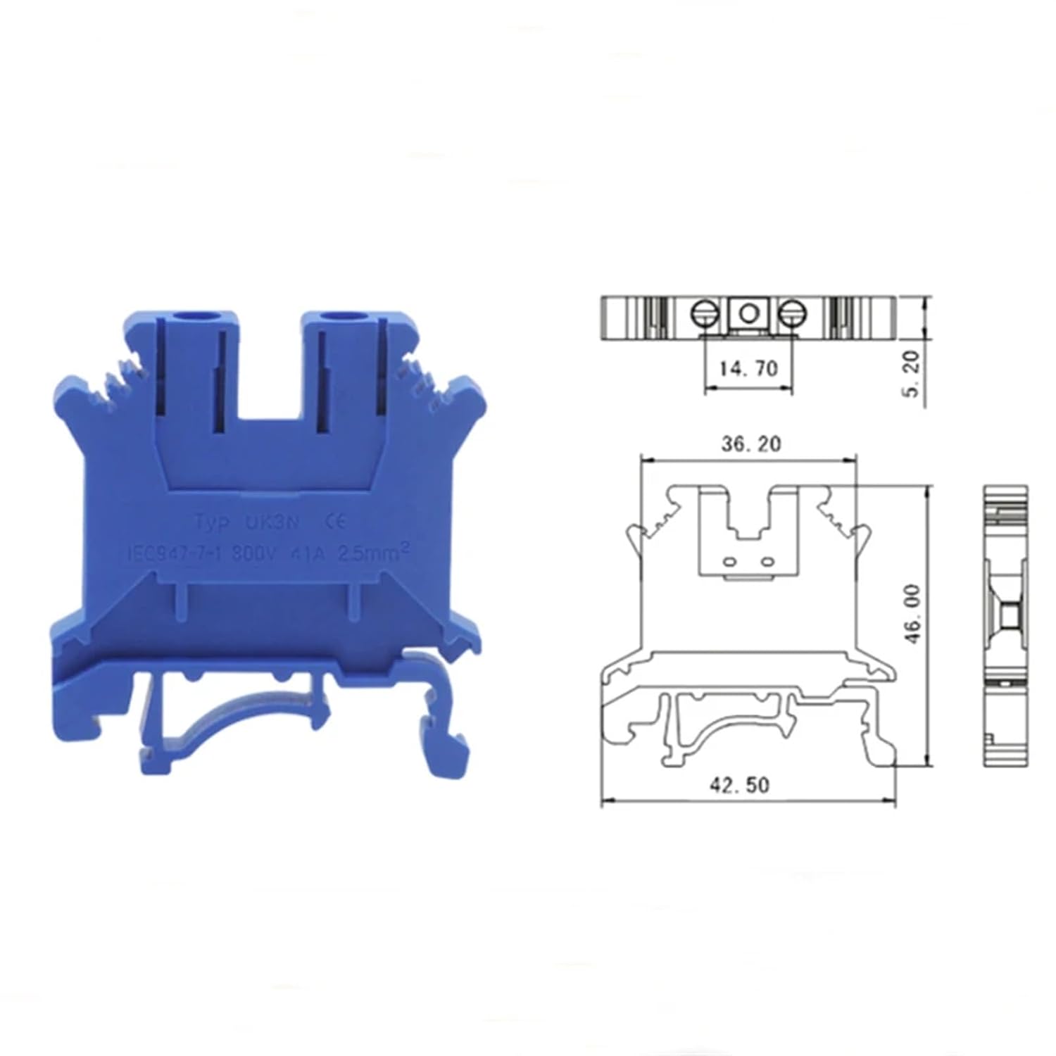 20/50/100pcs Din Rail Mount Screw Terminal Blocks UK3N Electrical Wire Cable terminals Block Connector 14awg(Blue,100pcs)