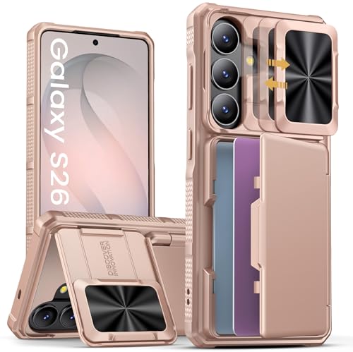 SSLOTSCASE for Samsung Galaxy S26 Wallet Case with Stand, Sliding Camera Cover & Raised Edges Protection & Card Holder [RFID Blocking], Rugged Shockproof Phone Cover Case for Galaxy S26, Rose Gold