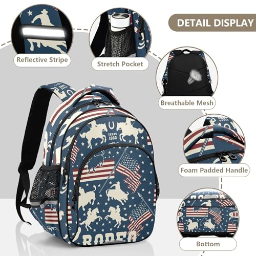 Cowboys Riding Bulls Horse Riders American Usa Flags Backpack for School Study Book Bag Laptop Backpack Work Travel Computer Bags with Reflective Stripes3