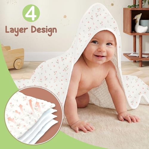 Image of 100% Organic Cotton Muslin Baby Hooded Towel, 32x32 in, Blush & Ivory Floral, 2 Pack, Soft Absorbent 4-Layer Hooded Bath Towel for Baby Girls, Newborns & Toddlers, Oeko-TEX