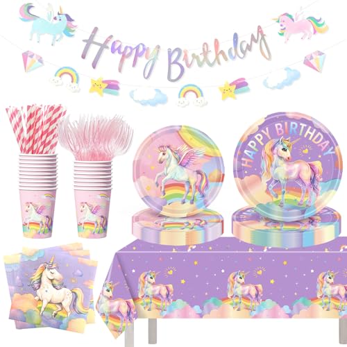 146Pcs Unicorn Birthday Party Decorations Supplies Disposable Tableware Plate Cup Napkin Tablecloth Fork Straw Banner for Girl Baby Shower Unicorn Themed Party Supplies Decorations Serves 24