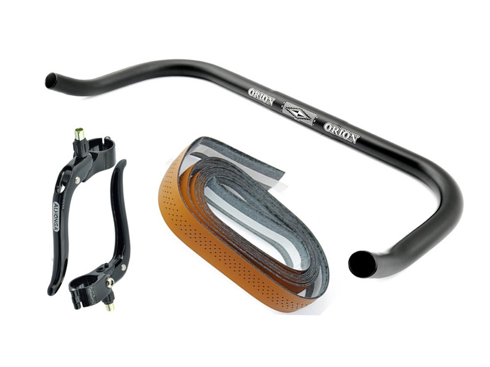 Permanent-Fahrrad Bullhorn Fixie Singlespeed Rennrad Triathlon Lenker Schwarz 440mm mit Bremshebel und Hellbraunem Lenkerband Sport & Freizeit