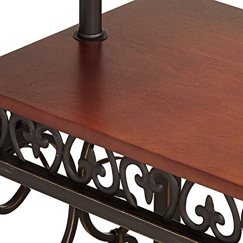 Regency Hill Travata Country Cottage Floor Lamp Standing With End Table 54" Tall Bronze Scrollwork Swing Arm Burlap Fabric Empire Shade For Living Room Reading Bedroom Office House Home #TOP7