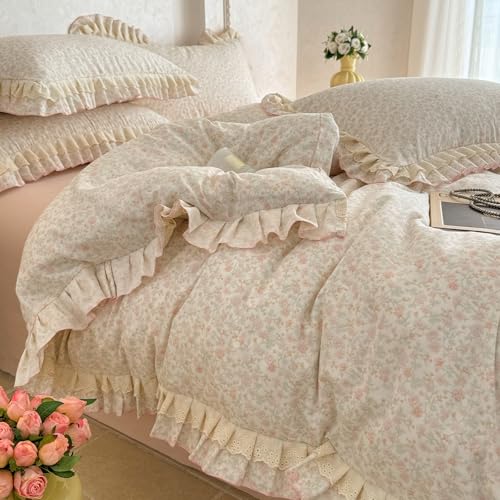 Image of VM VOUGEMARKET Ruffle Duvet Cover Set Twin,Vintage Garden Floral Duvet Cover with 2 Pillow Shams,Double-Layer Gauze Cotton Bedding Set,Comfy,Breathable & Lightweight for Girls-68 x86