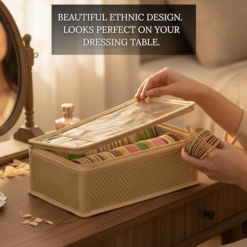 Image of 2 Rod Bangle Storage Box for Women | Hardboard Removable Chudi Organizer with Transparent Top | Jewellery & Watch Holder Case for Home & Travel - Beige (Pack of 1)