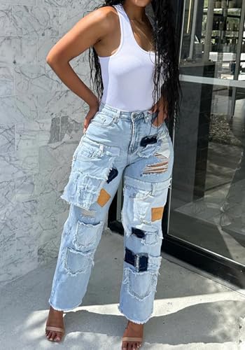Tbahhir Women Distressed Jeans High Waist Wide Leg Patchwork Denim Pants Boyfriend Trendy Trouser with Pockets3