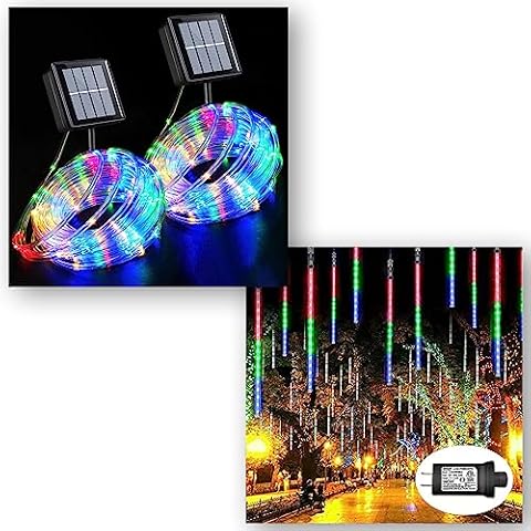QITONG Multicolor Solar Rope Lights and Multicolor Meteor Shower Lights Outdoor, Meter Shower Christmas Lights Outdoor Falling Rain Snowfall Lights Cascading Lights for Tree Wedding Decorations Cover
