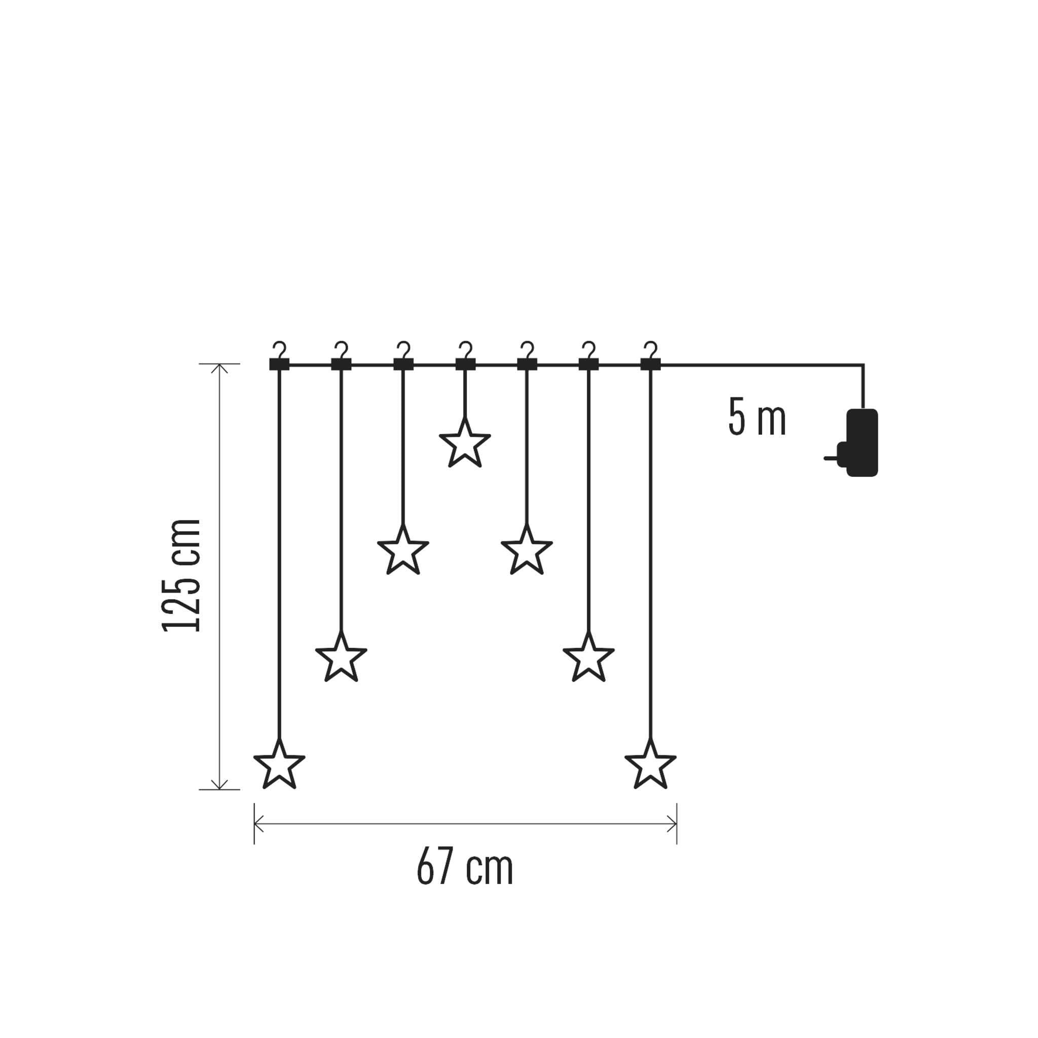 EMOS Girlanda z gwiazdami z 70 diodami LED, kurtyna świetlna 67 cm + przewód zasilający 5 m, ciepła biel, girlanda świetlna LED + zasilacz, czas świecenia 10 000 h, IP44 do użytku wewnątrz i na