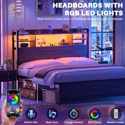 Image of Aheaplus Headboard for Full Size Bed with Storage and Outlets, Black Oak | Headboards with LED Light, Power Outlets, USB Ports Full Size Head Board, Wood headboard Only Sturdy and Stable Headboards