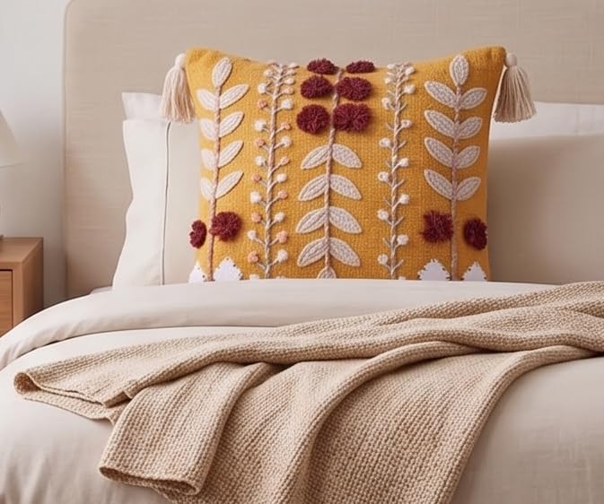 Image of Furnistitchs Handmade Cotton Bohemian Home Decor Cushion Cover 24x24 inches / 60x60 cms - Boho Chic Couch Sofa Throw Living Room Bedroom Cushions (2, Mustard Cherry Bloom)
