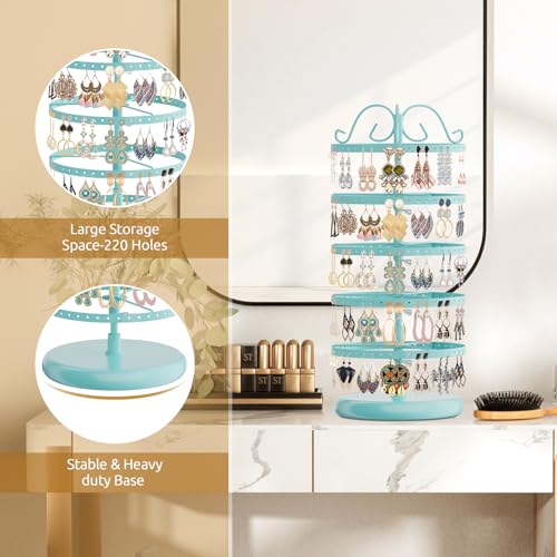 Image of MODOWEY Rotating Earring Holder Organizer Stand, 5 Tier Metal Tree Display for Women Vendors, 220 Holes Adjustable Jewelry rack for Stud Hoop Dangle Storage, Trendy Carousel Keeps Dresser Neat, Blue