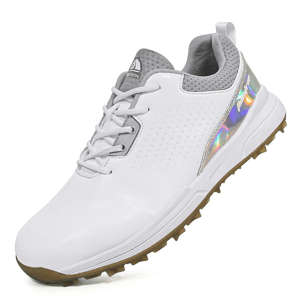 Męskie buty do golfa Spikless Leather Wide Fitting Golf Sneakers Outdoor Large Size Wodoodporne obuwie do chodzenia,White,41 EU