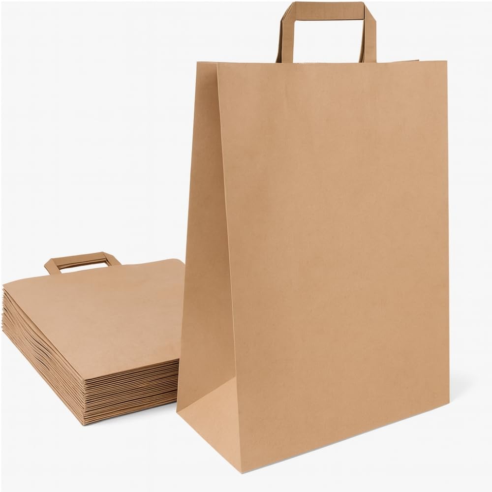Commerline Bolsas de Papel Kraft | 32+16x44 cm, 250 Unidades, Marrón | Bolsas de Regalo | Sacos de Transporte con Asa | Sacos Reutilizables