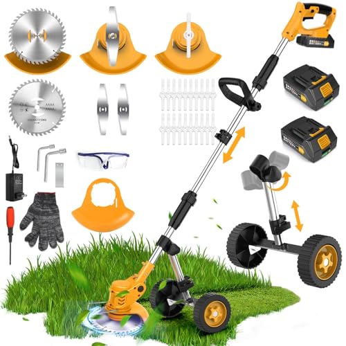 Tanbaby 21V Cordless Strimmer, 3 in 1 Electric Garden Strimmer Grass Strimmer with 2 x 2.0Ah Batteries, Telescopic Lightweight Grass Trimmer with 1 x Saw Disc, 2 x Steel Blades, 20 x Plastic Blades