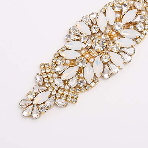 Weztez Gold Crystal Rhinestone Applique with Opal Rhinestone for Bridal Belt Wedding Dress Garters Headpieces (Gold, 2pcs)3