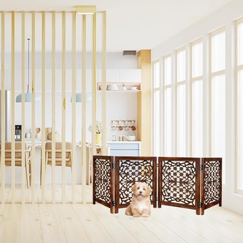 Image of Foldable Wooden Dog Gate with 4 Panels | Freestanding Pet Safety Barrier for Dogs & Puppies | Indoor Fence for Doorway, Stairs & Hallway | Portable Pet Gate (Brown)