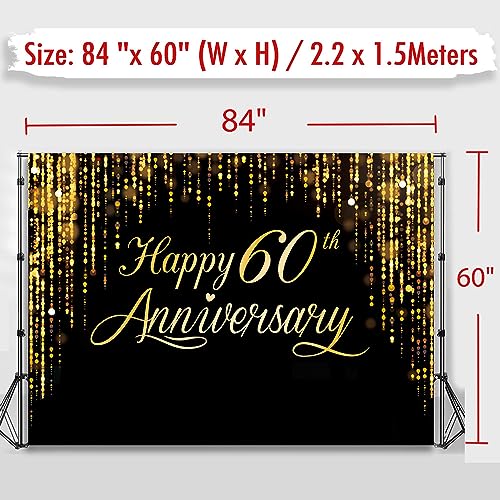 Image of Happy 60th Annverisary Background Decorations Black Gold Backdrop Banner, Large Black Gold Photography Background Suitable for Wedding Anniversary Party Birthday Party Decoration 84 * 60''