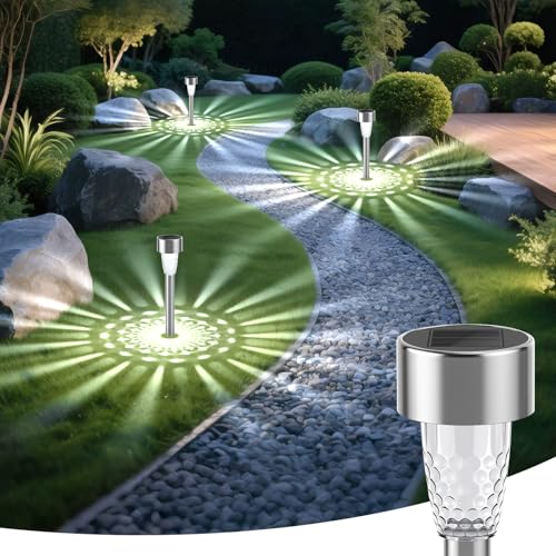 Aigostar Solar Lights Outdoor Garden, 12 Pack Outdoor Lights Solar Powered Stake Lights, Waterproof Solar Pathway Lights, Stainless Steel LED Garden Light Landscape Path Lighting for Walkway Lawn