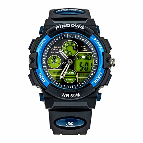 PINDOWS GarçOns Filles Enfants Montre, 50m éTanche Analogique Digitale Double Temps Montre, El RéTroéClairage Outdoor Sport Montre Electronique,Bleu Cover