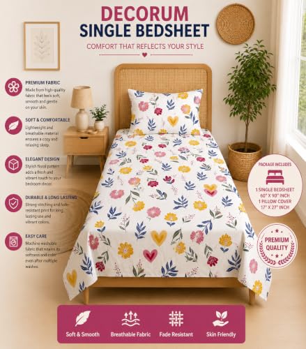 Image of DECORUM Glace Cotton Single Bedsheet with 1 Pillow Cover | Soft, Durable, Lightweight & Skin-Friendly Fabric| Suitable for Single /Diwan Bed Size