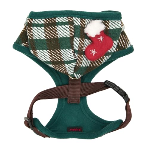 Puppia Festive Hundegeschirr mit Kapuze über den Kopf, warm, Winter, Karomuster, verstellbare Brust für kleine und mittelgroße Hunde, Grün, Small