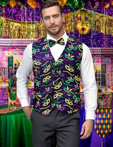 LINOCOUTON Men's Mardi Gras Suit Vest with Bow Tie2