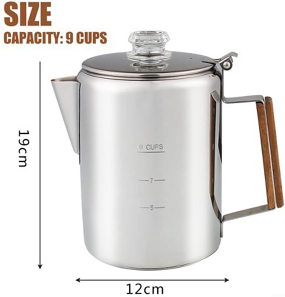 Stainless Steel Coffee Percolator Pot with Hardwood Handle, 9 Cup Capacity Stovetop Brewer for Camping, Outdoor Cooking and Indoor Use on Campfire, Grill, Stove or Induction