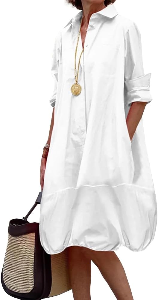 UOOZEE Women's Long Sleeve Button Up Shirt Dresses Casual Loose Fit Spring Midi Dress with Pockets