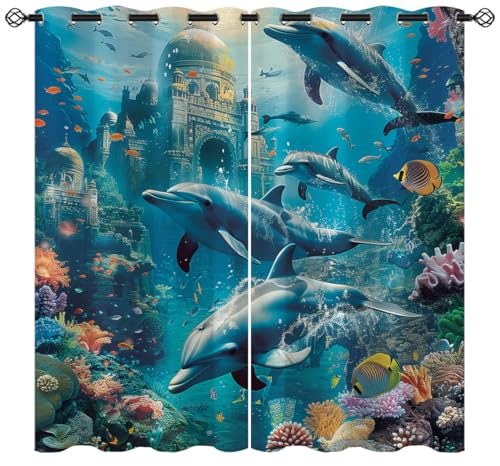 XINBADU Ocean Blackout Curtains for Girls Boy Home Decor, Dolphin Ocean Underwater World Castle Grommet Thermal Insulated Drapes Darkening Window Curtain for Bedroom Living Room, 42 x 45 Inch