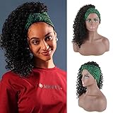DEYNGS Turban Wrap-wig 2 in 1 Deep Curly Headband Drawstring Wig for Black Women Headwrap Wig Synthetic Long Afro Curly Pineapple Updo Wig for African American Women (Black)