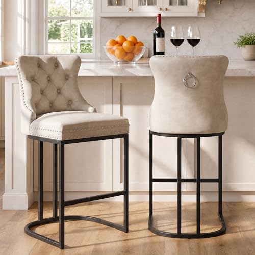 Image of UVV Counter Height Bar Stools Set of 2, 26 inch Modern Barstools with Back, Faux Leather Upholstery Counter Chairs with Metal Legs for Kitchen Island, Bar, Counter, Beige