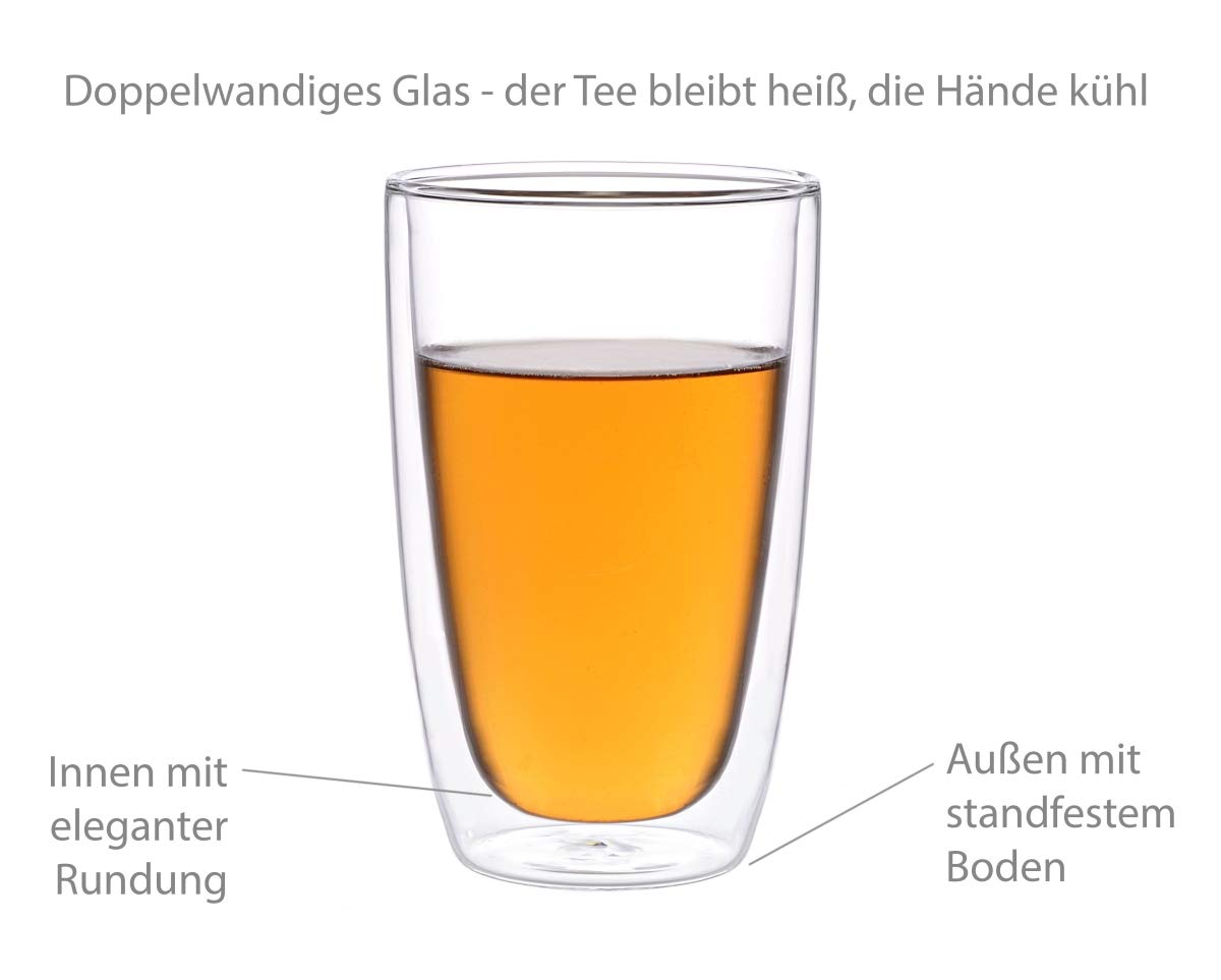 doppelwandige Teegläser Melina. 6 Stück Trinkbecher mit je 360ml Füllvolumen (volle Kapazität)