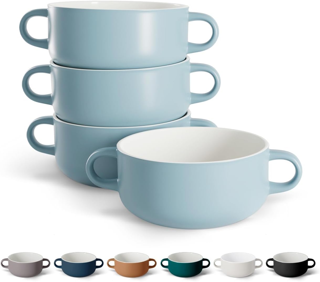 Kook Soup Crocks, Ceramic Bowls, Broil, Oven, Microwave and Dishwasher Safe, with Handles, For Casserole, Pasta, Cereal, 18 oz, Set of 4 (Hunter Green)