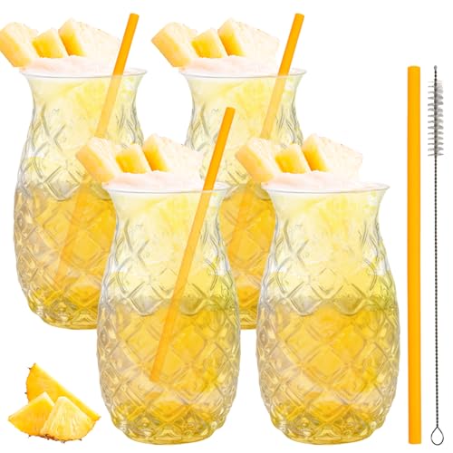 4er Set Ananas Gläser, 480ml Trinkgläser im Ananas, Klares Cocktailbecher, Transparent Partygläser, Wiederverwendbar Cocktail Gläser, Saftgläser, Saftgläser-Set für zu Hause, Restaurants und Party