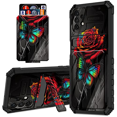 for Samsung Galaxy A32 5G Wallet Case with Detachable Credit Card Holder and Stand Kickstand Rugged Heavy Duty Shockproof TPU Protective Cover Case for Samsung A32 5G, Rose Butterfly