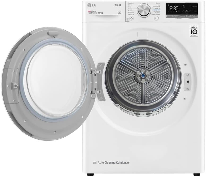 LG RH10V9AV4W Asciugatrice Smart a Carica Frontale 10kg, Serie V9, Classe A+++, Condensazione con Pompa di calore DUAL Inverter, Eco Hybrid, Condensatore autopulente, Allergy Care, Wi-Fi, Bianca [Classe di efficienza energetica A+++]