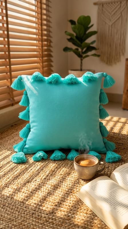 Image of WWW.THROWPILLOW.IN Caribbean Blue Green Big FullerTassels Trim Throw Pillow Cover, Solid Decorative Coastal Chic Accent Pillow for Sofa, Dorm Room Square Cushion with Filler Insert 18x18 Inches