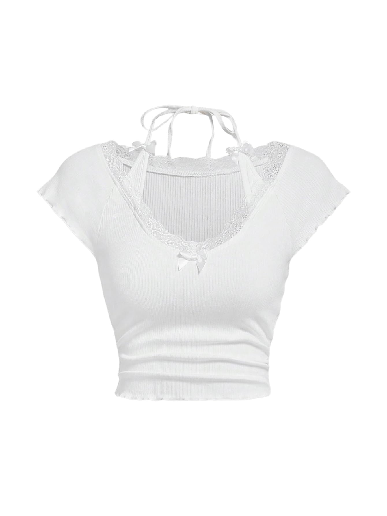 Verdusa Women's Lace Halter Cute Going Out Tops Lettuce Trim Casual Crop Tops: Verdusa Women's Contrast Lace Halter Neck Lettuce Trim Casual Crop Tee Tops