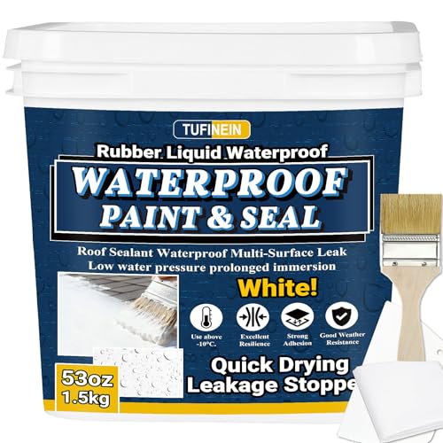 Rubber Liquid Waterproof Sealant, TUFINEIN 53oz/1.5kg White Quick Drying Multi Surface Foundation Leak Repair - Roof Gutters Basement Sealer Waterproof - Indoor & Outdoor Flexible Rubber Paint