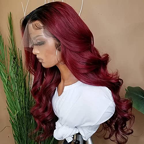 Fenjun ombre 1b/99j burgundy 13x6 lace front wig with b…