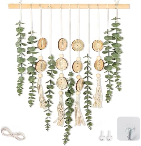 Artificial Eucalyptus Wall Hanging Decor, with Wooden Stick,Chic Boho Rustic Home wall art Decor for Bathroom Bedroom Office Living Room (Artificial Eucalyptus Cream Tassels With Wooden Chip)