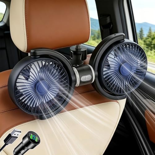 [JIEAIRUI] 車載扇風機 車載ファン 2026新登場 シガーソケット/USB 両用 3段階風量 360°回転 長配線 扇風機 車 ヘッドレストファン 双頭タイプ 静音性アップ 取付簡単 父の日ギフト ドライブ 通勤 日本語説明書付きの商品画像（Amazon）
