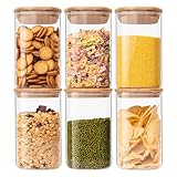 Wells Food Storage Containers with Bamboo Lids 37OZ 1100ml, Glass Canisters with Airtight Lids, Square Glass Jars for Kitchen, Idea for Cereal, Coffee, Sugar, Tea, Candies, Cookies, Set of 6, Clear