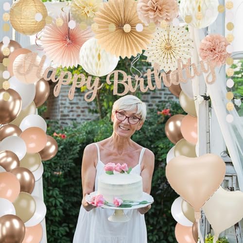 Image of Champagne-Gold Beige Birthday Decorations for Women Girls,Cream Neutral Balloons Decor,Happy Banner,Boho Peach Paper Lanterns Tissue Pom Poms Fan,Anniversary Princess Backdrop Party Supplies