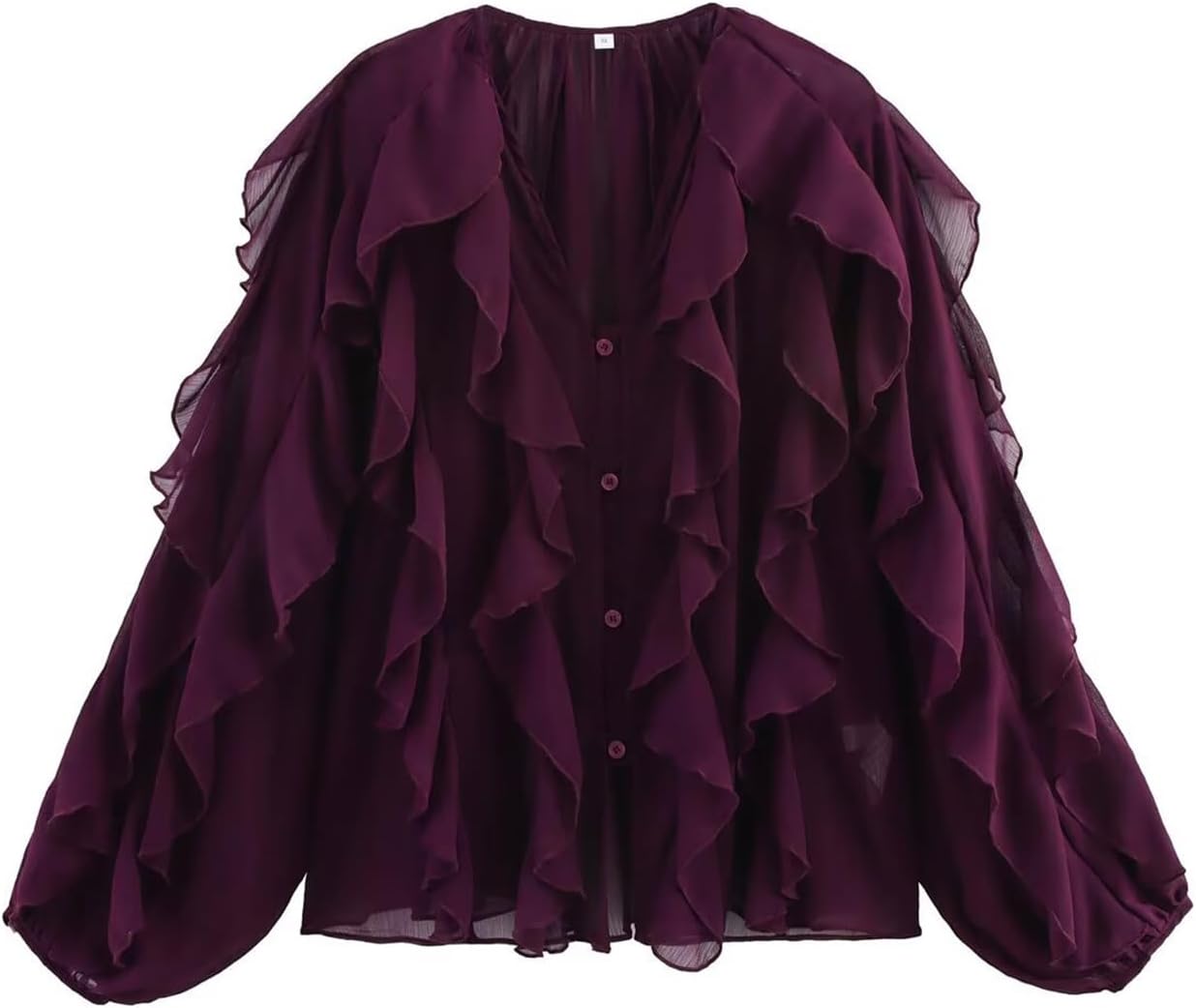 LETSVDO Women's Ruffle Chiffon Tops Puff Sleeve Sheer See Through Button Down V Neck Bubble Loose Casual Blouses Shirts - Image 8