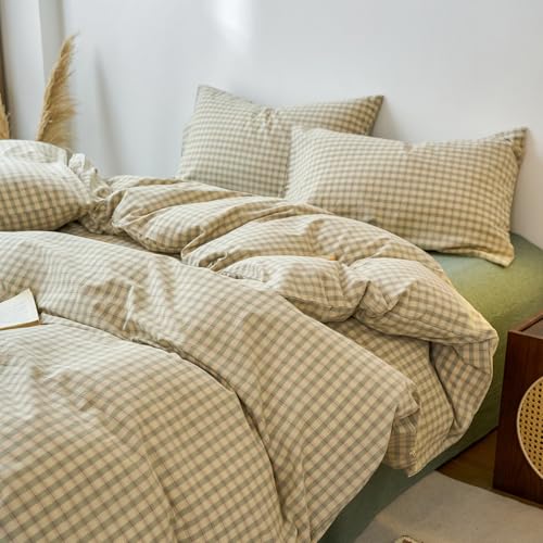 LifeTB Green Gingham Duvet Cover Set King 100% Washed Cotton Grid Duvet Cover Vintage Green Beige Plaid Checkered Bedding Set Soft Breathable Farmhouse Gingham Comforter Cover with 2 Pillowcases