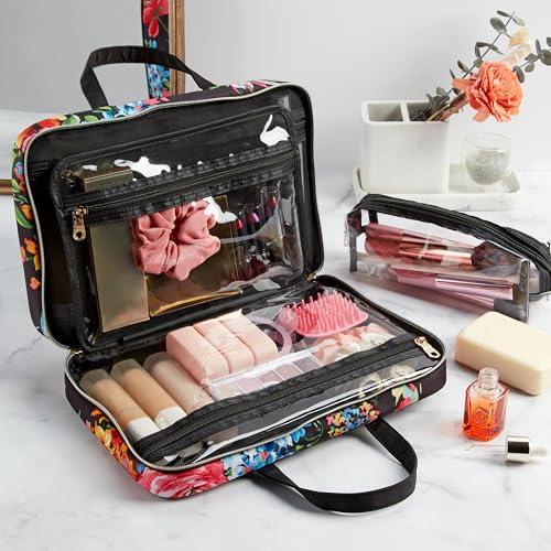CONAIR Travel Toiletry Bag with Handles, Travel Makeup Bag, 2 Clear Zippered Compartments, 2 Flat-Zip Pockets, and Removable Clear Plastic Pencil Case, Easy to Clean, 1 Count, Black Floral - image 2